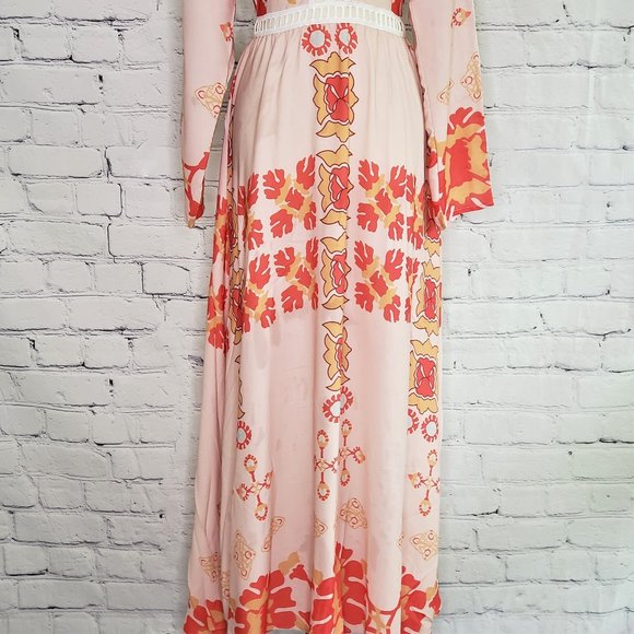 NWT Cage Trimmed Boho Beige Red Gold Maxi Dress - Picture 6 of 9
